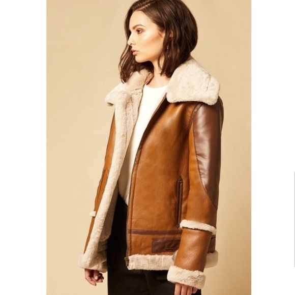 Choosy Amelia Shearling Jacket Aviator Vegan Faux Leather with Cream Accents XL - Picture 2 of 16